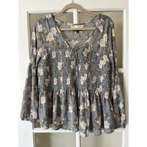 Ditzy Women's Floral Chiffon Top M Sheer Smocked Boho Prairie‎ Maiden Blue White